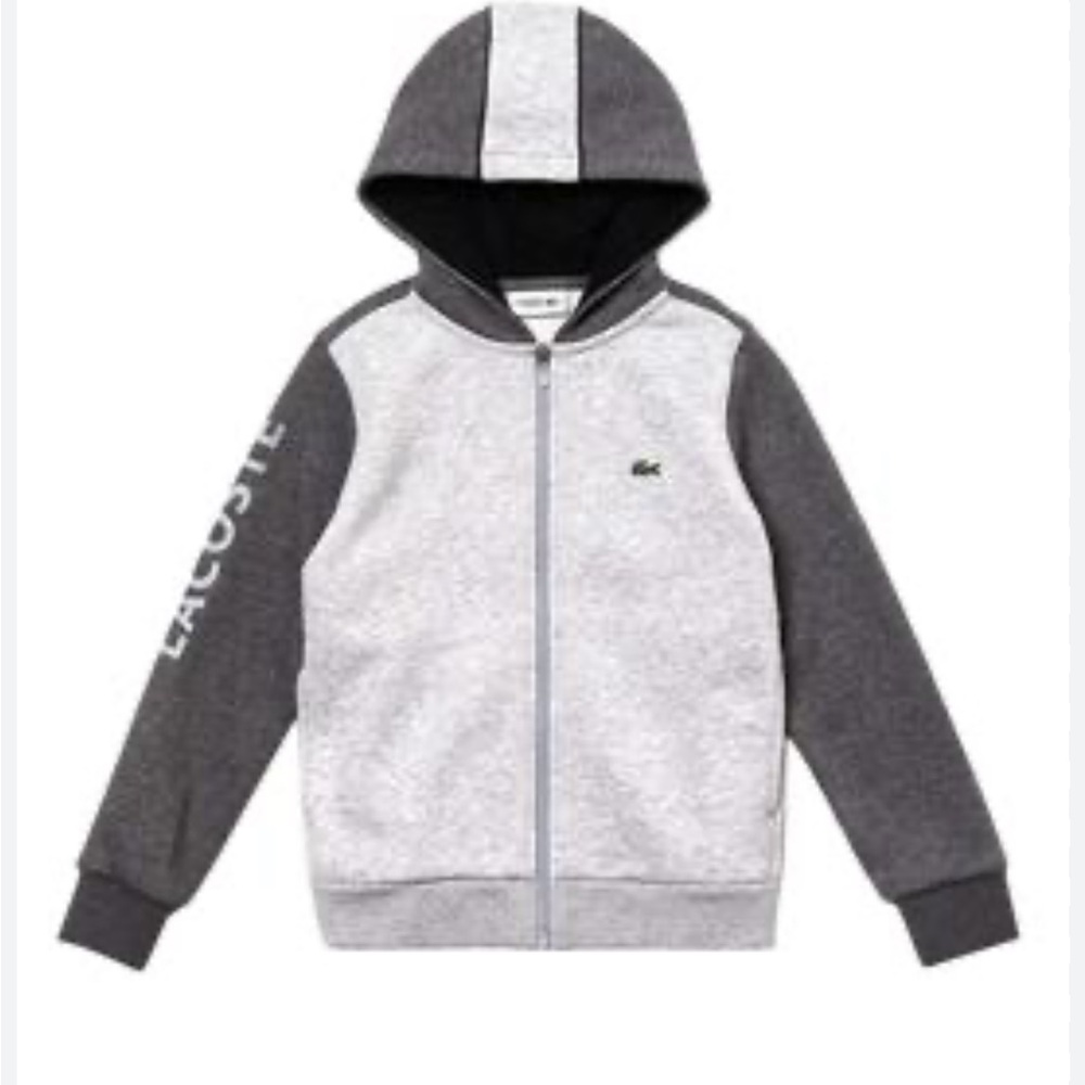 Lacoste boys' two-tone zip-up fleece hoodie in grey logo